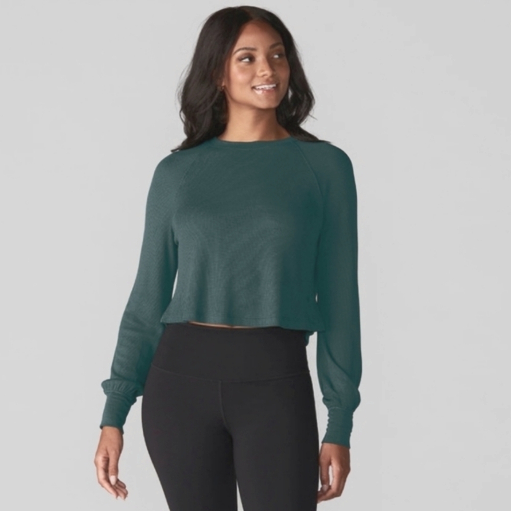 Tavi Renew Waffle Knit Crop Long Balloon Sleeve Forest Green Large